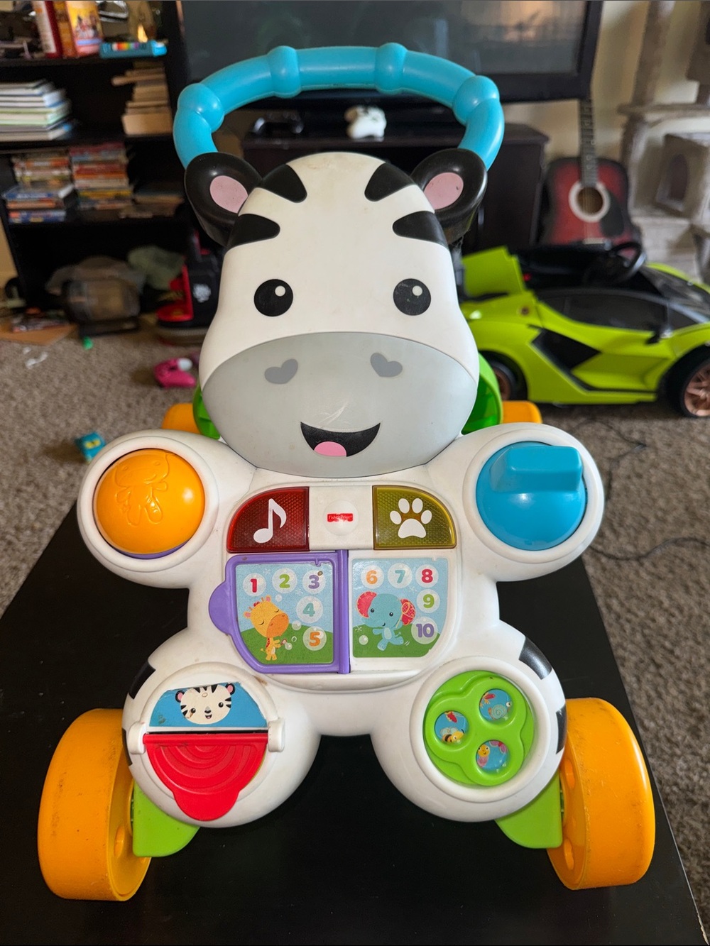 Fisher-Price Zebra Push Walker with Blue Handle and Yellow Wheels